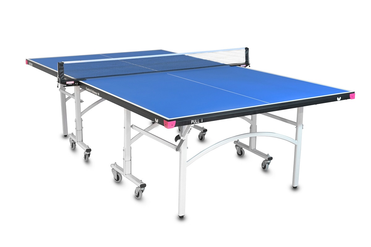 Butterfly Easifold 16 Ping Pong Table, that Features a Blue 16mm Thick Top with a Sturdy Frame and Compact Folding Storage Design with 4 wheels on each half.